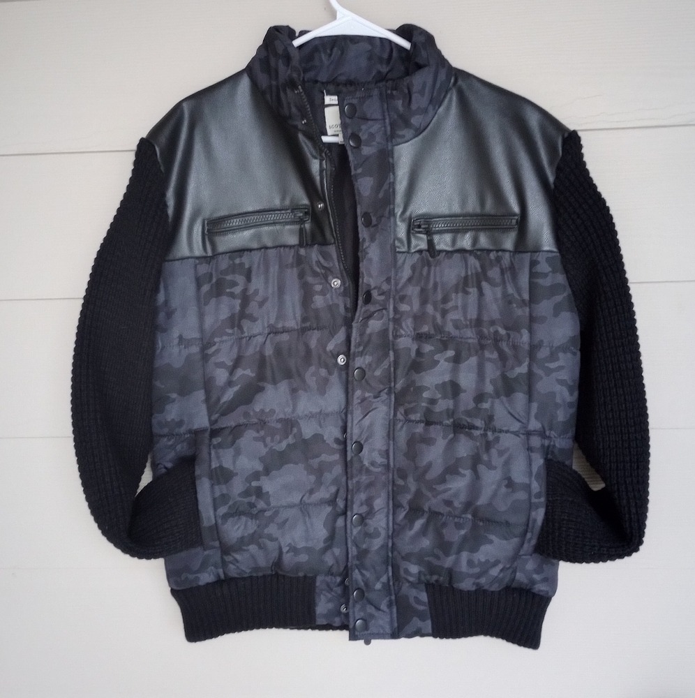 NWOT Scott James Men's Black Faux Leather Camo Puffer Knitted Jacket Size Large